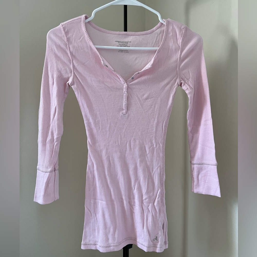 Y2K Babydoll Pink American Eagle Stetch Button Up Top Sparkly Stitching